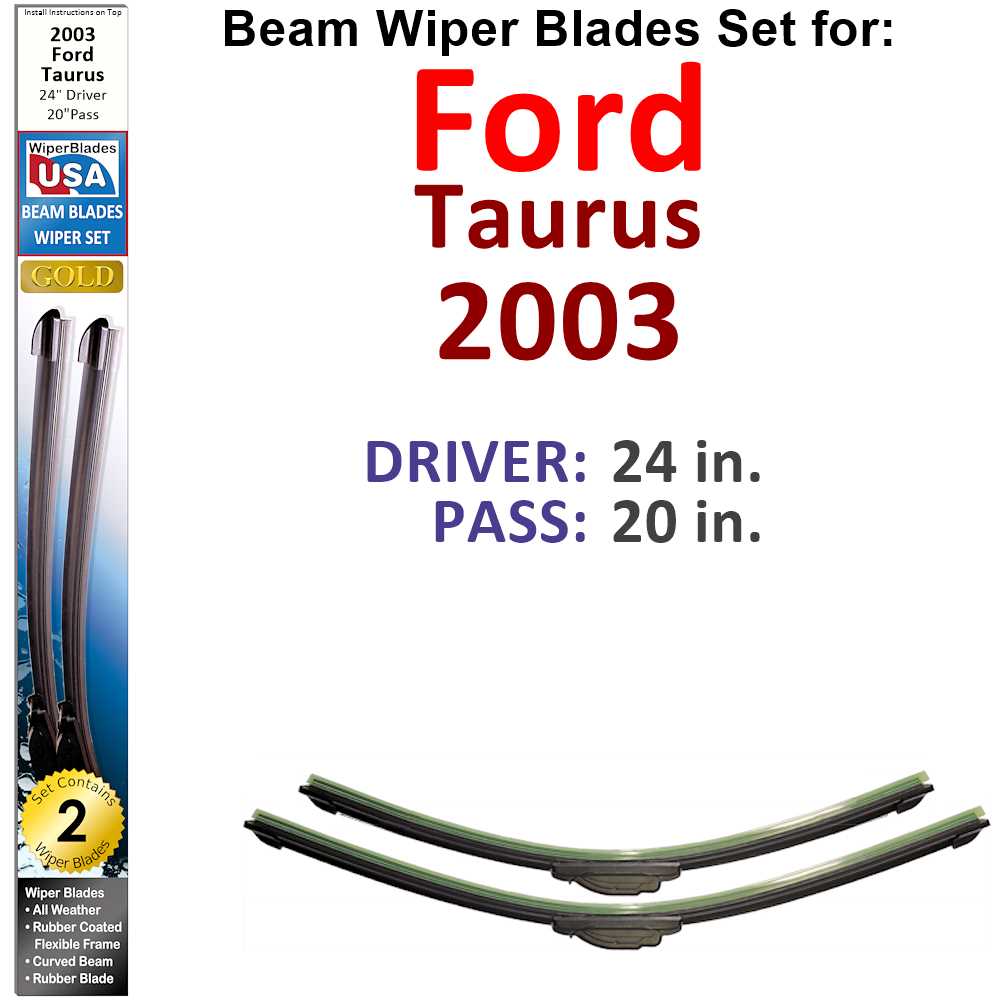 Set of 2 Beam Wiper Blades designed for 2003 Ford Taurus, showcasing their flexible and durable design.