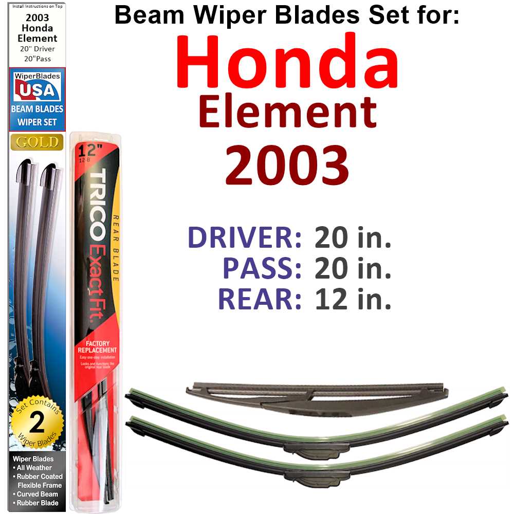 Set of Beam Wiper Blades for 2003 Honda Element, showcasing two 20-inch and one 12-inch blades, designed for optimal performance and fit.