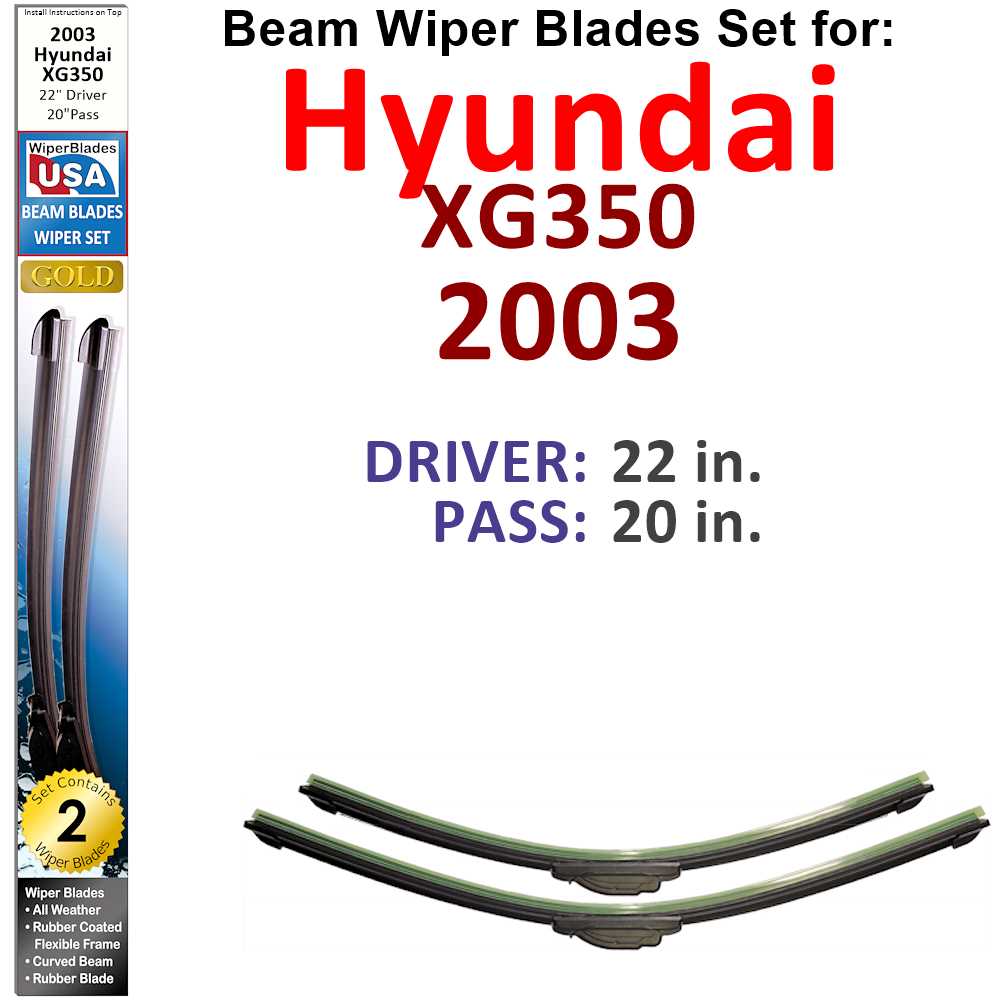 Set of two Beam Wiper Blades designed for 2003 Hyundai XG350, showcasing their flexible and sealed construction for optimal performance.