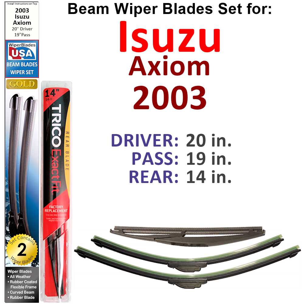 Set of 3 Beam Wiper Blades for 2003 Isuzu Axiom, showcasing their flexible design and rubber-encased metal spine.