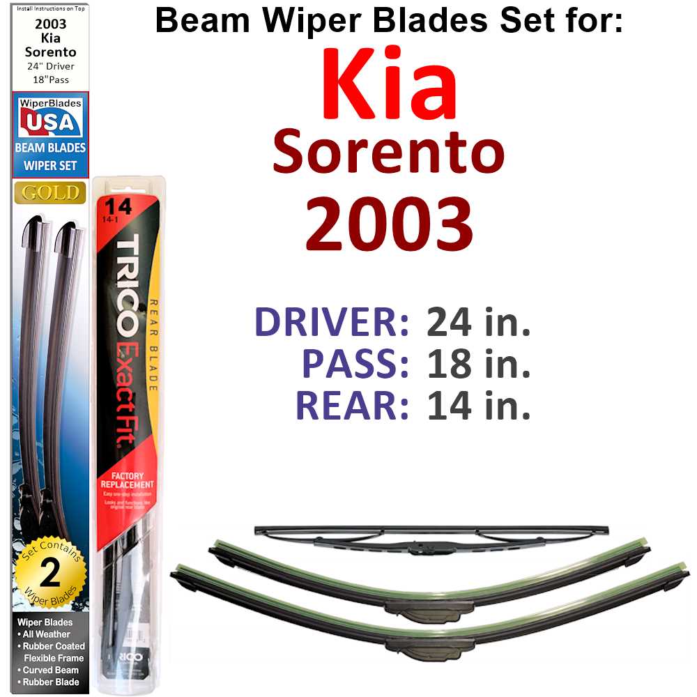 Set of 3 Beam Wiper Blades designed for 2003 Kia Sorento, showcasing their flexible and durable construction.