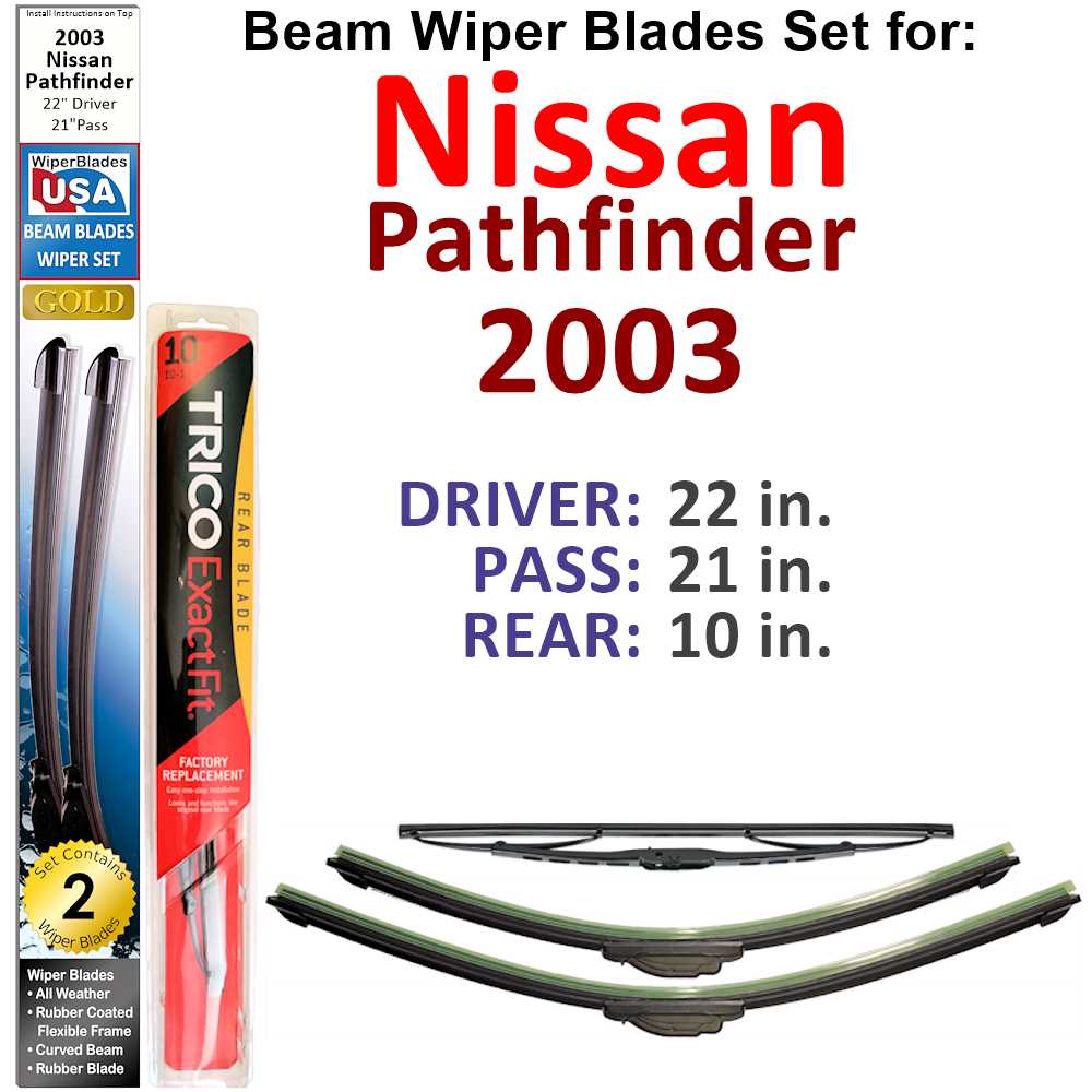 Set of 3 Beam Wiper Blades designed for 2003 Nissan Pathfinder, featuring a sleek low-profile design and durable rubber construction.