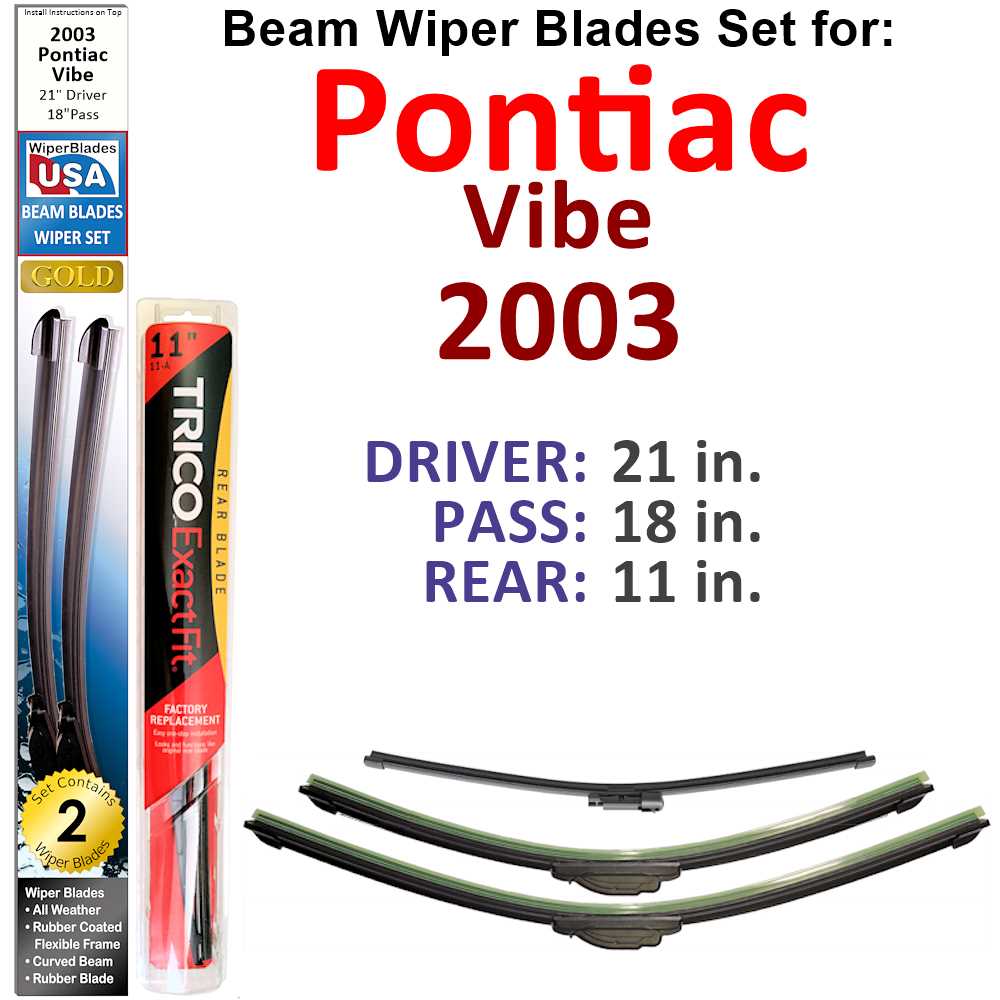 Set of 3 Beam Wiper Blades designed for 2003 Pontiac Vibe, showcasing their flexible and durable construction.