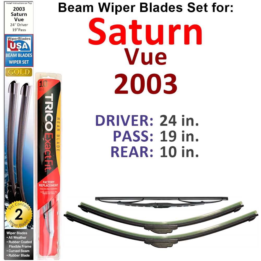 Set of 3 Beam Wiper Blades designed for 2003 Saturn Vue, showcasing their flexible and durable construction.