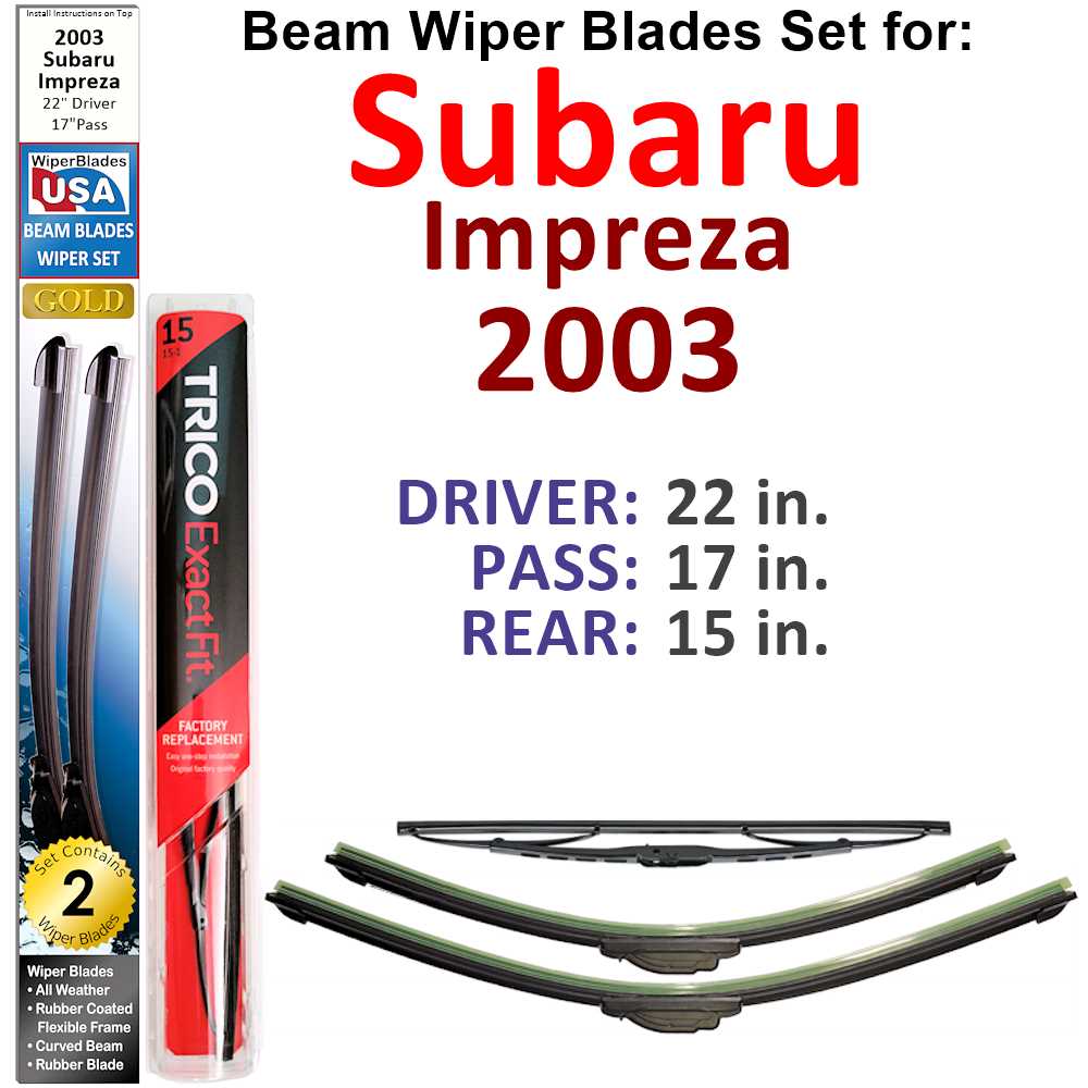 Set of 3 Beam Wiper Blades designed for 2003 Subaru Impreza, showcasing their flexible and durable construction.