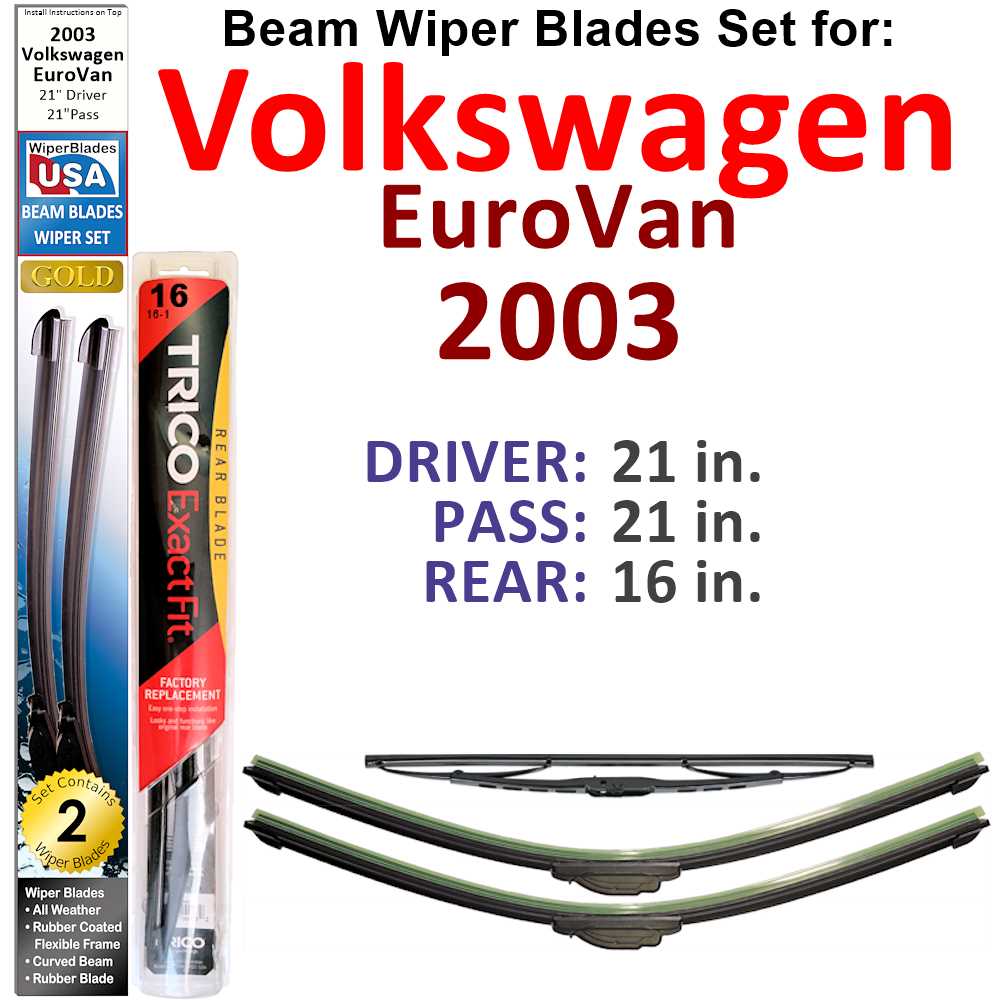 Set of 3 Beam Wiper Blades designed for 2003 Volkswagen EuroVan, showcasing their flexible and sealed design for optimal performance.