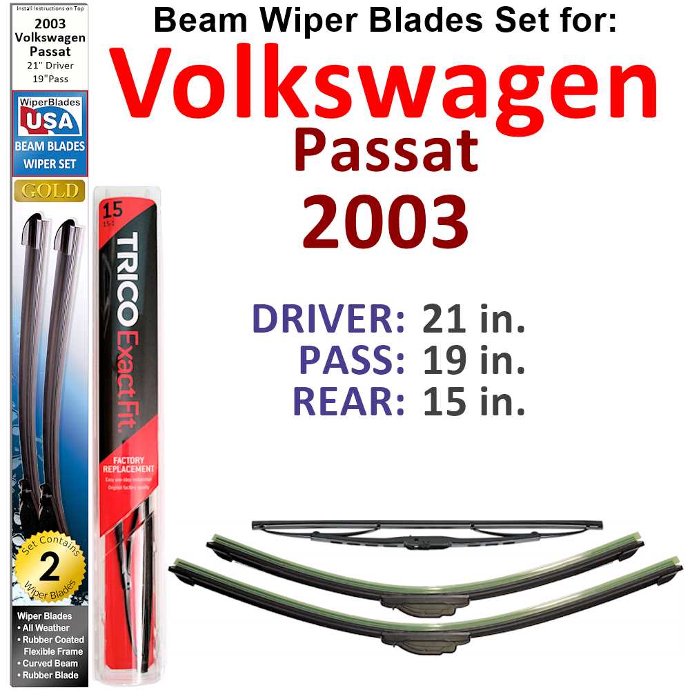 Set of 3 Beam Wiper Blades designed for 2003 Volkswagen Passat, showcasing their flexible and durable construction.