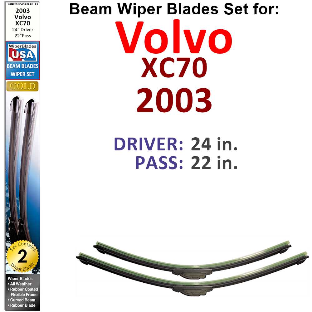 Set of 2 Beam Wiper Blades designed for 2003 Volvo XC70, showcasing their flexible and durable construction.