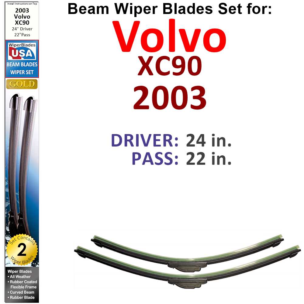 Set of 2 Beam Wiper Blades designed for 2003 Volvo XC90, showcasing their flexible and durable construction.