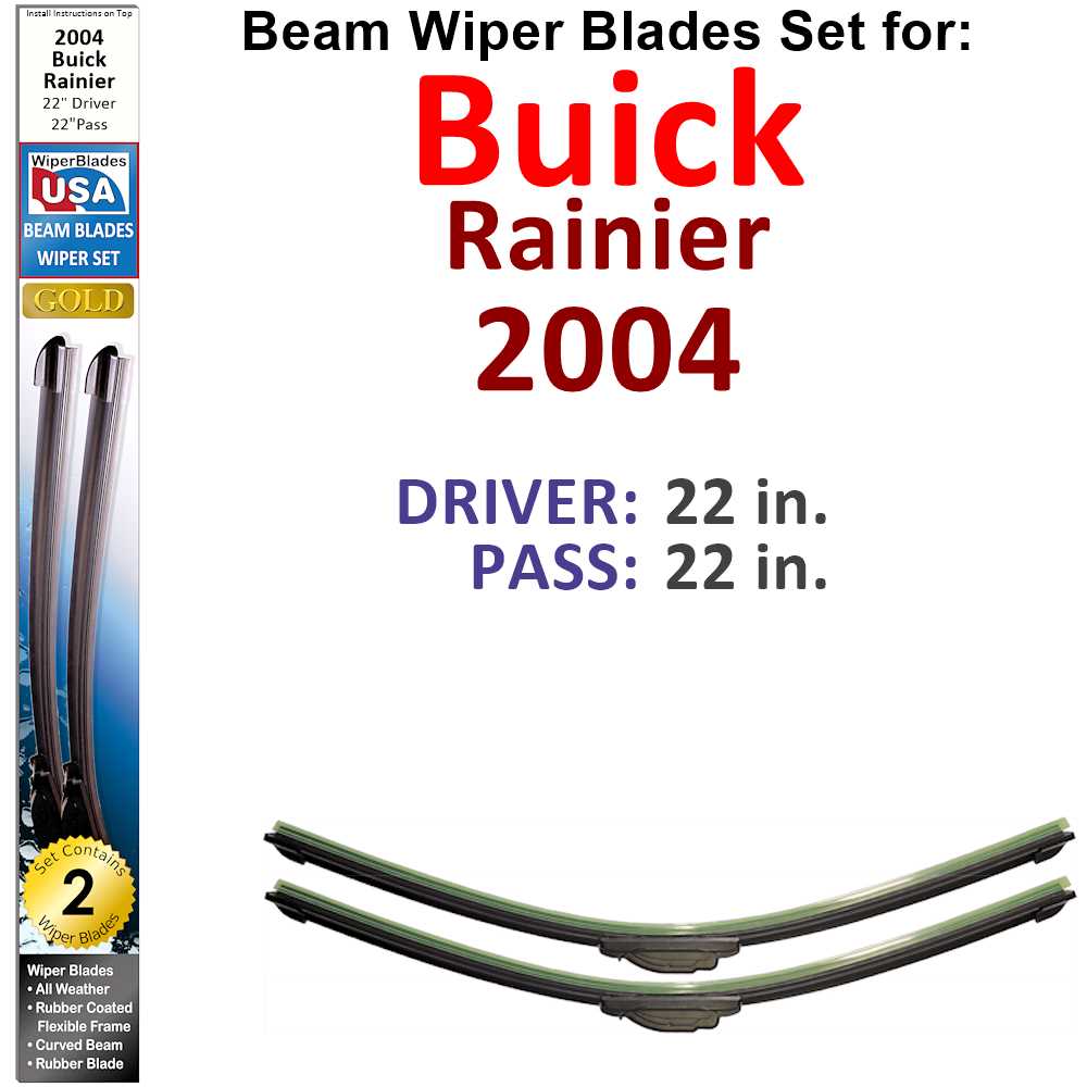 Set of 2 Beam Wiper Blades designed for 2004 Buick Rainier, showcasing their flexible and durable construction.