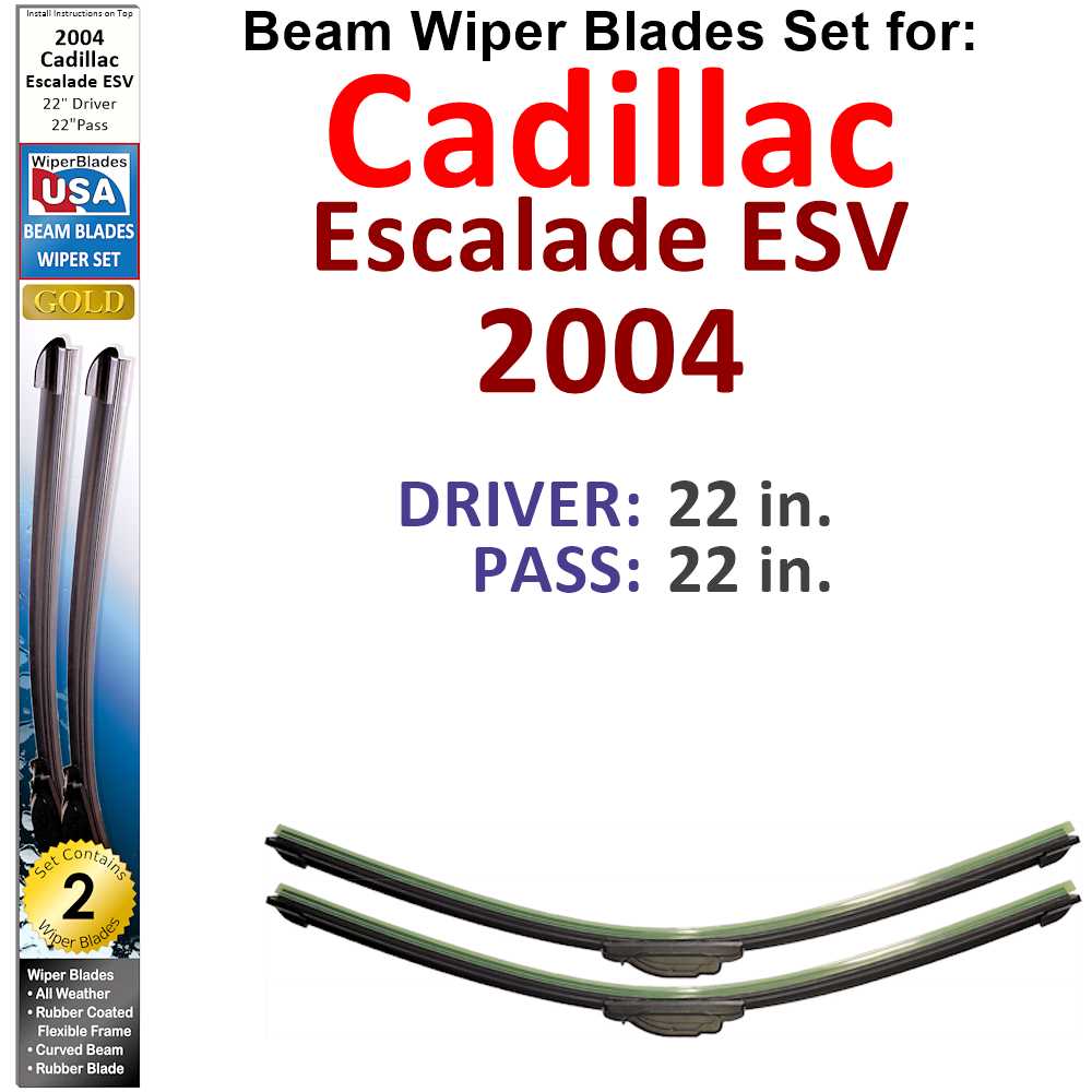 Set of 2 Beam Wiper Blades designed for 2004 Cadillac Escalade ESV, showcasing their flexible and durable construction.