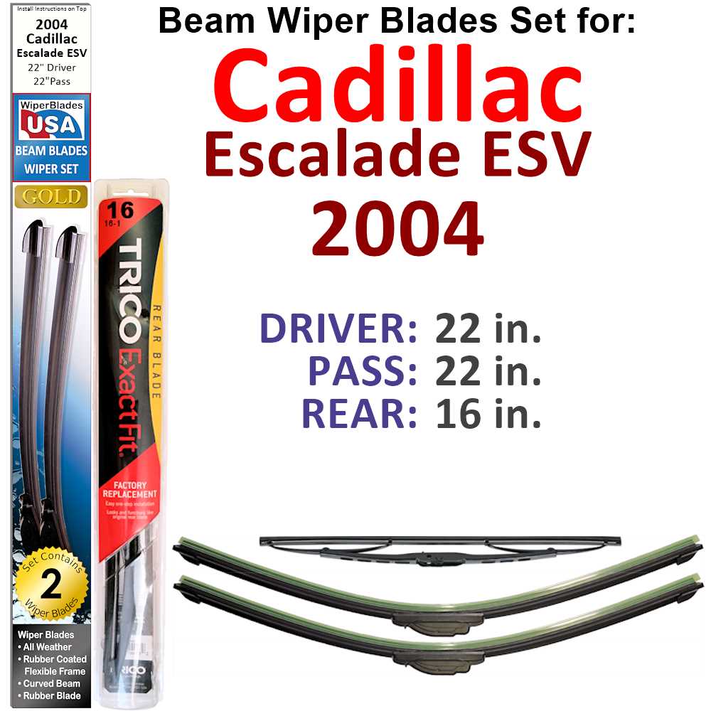 Set of 3 Beam Wiper Blades designed for 2004 Cadillac Escalade ESV, showcasing their flexible and durable construction.