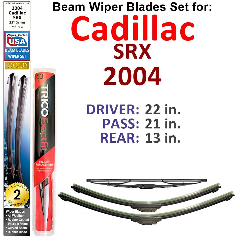 Set of 3 Beam Wiper Blades designed for 2004 Cadillac SRX, showcasing their flexible and durable construction.