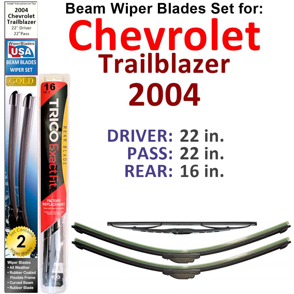 Set of 3 Beam Wiper Blades designed for 2004 Chevrolet Trailblazer, showcasing their flexible and durable construction.