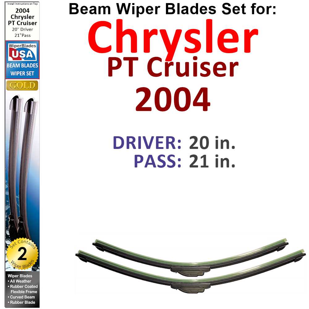 Set of two Beam Wiper Blades designed for 2004 Chrysler PT Cruiser, showcasing their sleek, flexible design and durable rubber construction.