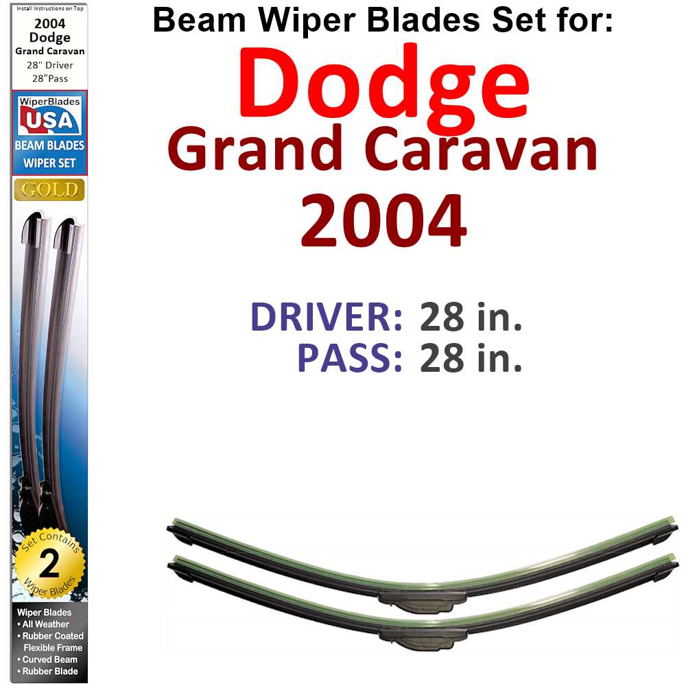 Set of 2 Beam Wiper Blades designed for 2004 Dodge Grand Caravan, showcasing their flexible and durable construction.