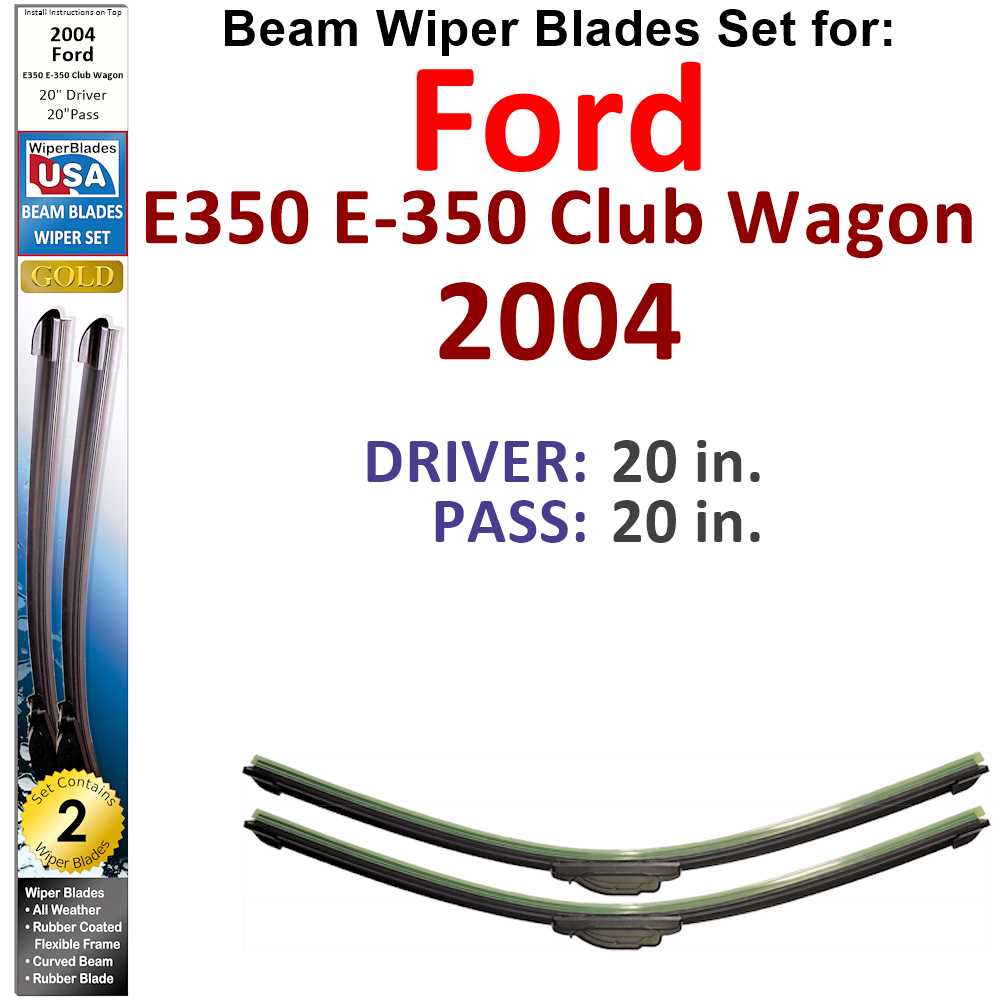 Set of 2 Beam Wiper Blades for 2004 Ford E350, showcasing their flexible design and rubber-encased metal spine.