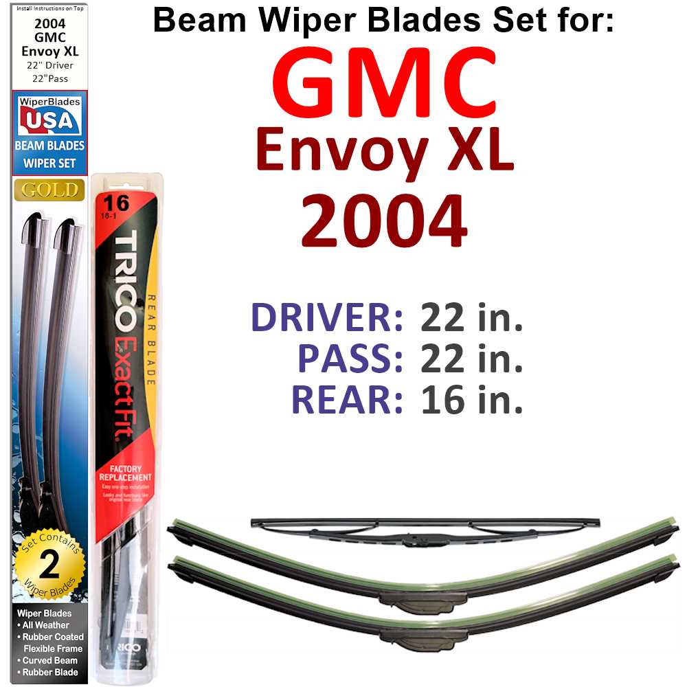 Set of 3 Beam Wiper Blades designed for 2004 GMC Envoy XL, showcasing their flexible and sealed construction for optimal performance.