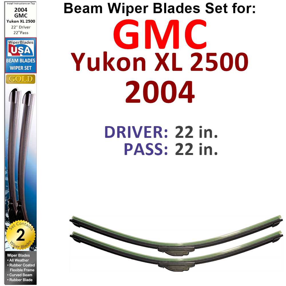 Set of 2 Beam Wiper Blades designed for 2004 GMC Yukon XL 2500, showcasing their flexible and sealed construction for optimal windshield contact.