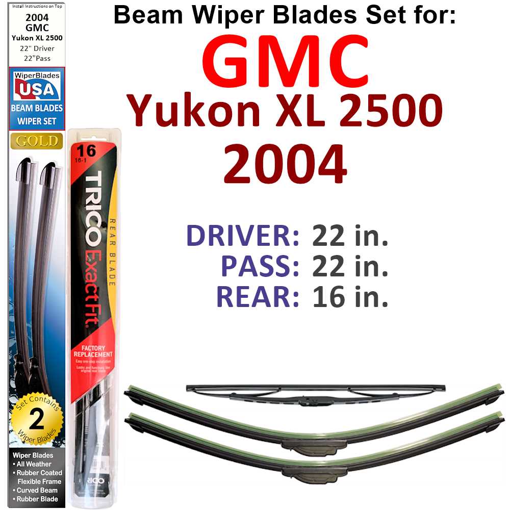 Set of 3 Beam Wiper Blades designed for 2004 GMC Yukon XL 2500, showcasing their flexible and durable construction.