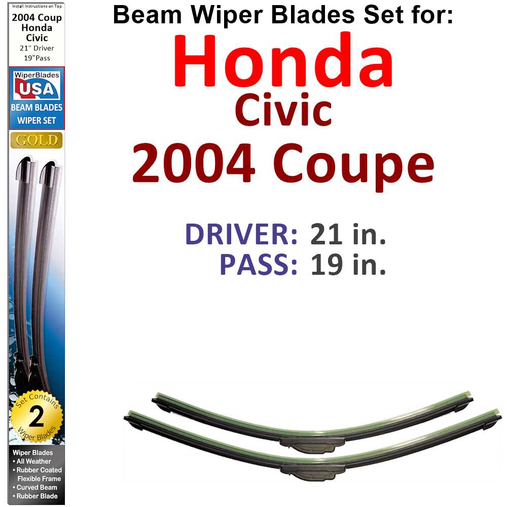 Set of 2 Beam Wiper Blades for 2004 Honda Civic DX Coupe, showcasing their flexible design and rubber-covered spine.