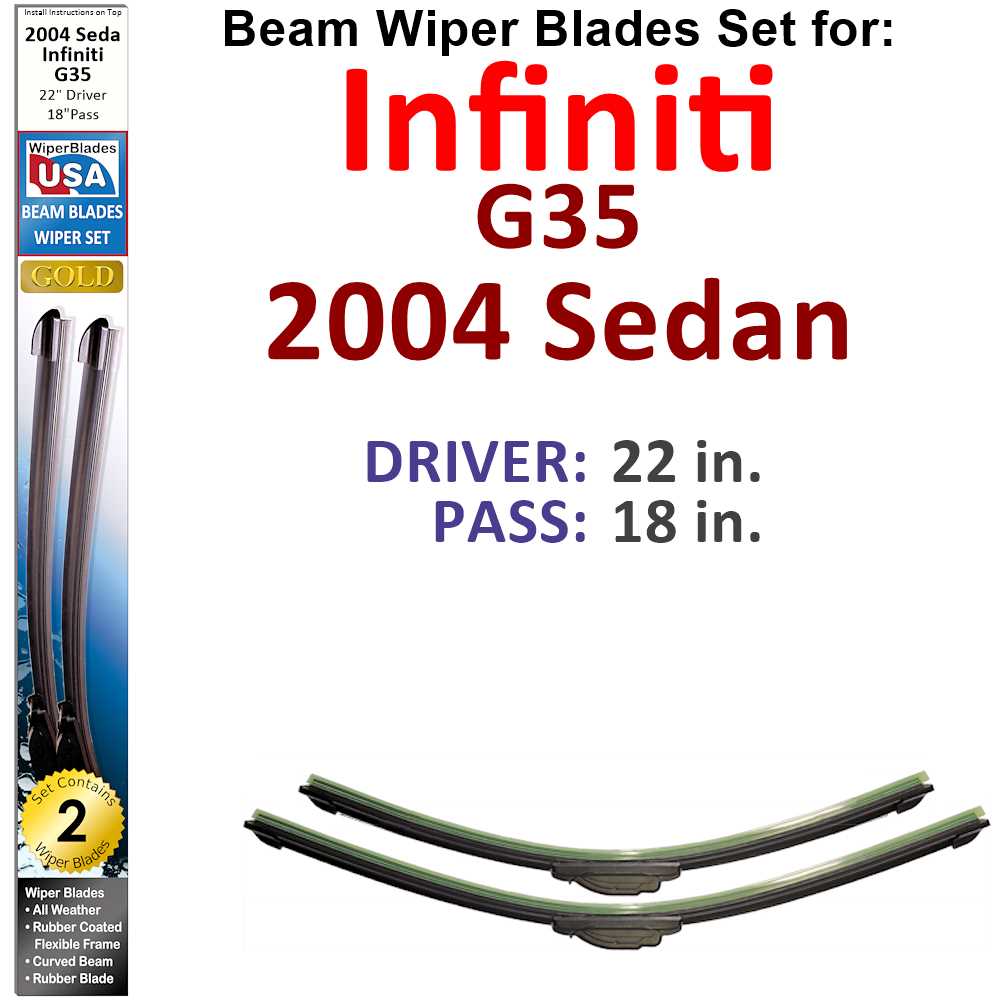 Set of two Beam Wiper Blades designed for 2004 Infiniti G35 Sedan, showcasing their sleek design and durable rubber construction.