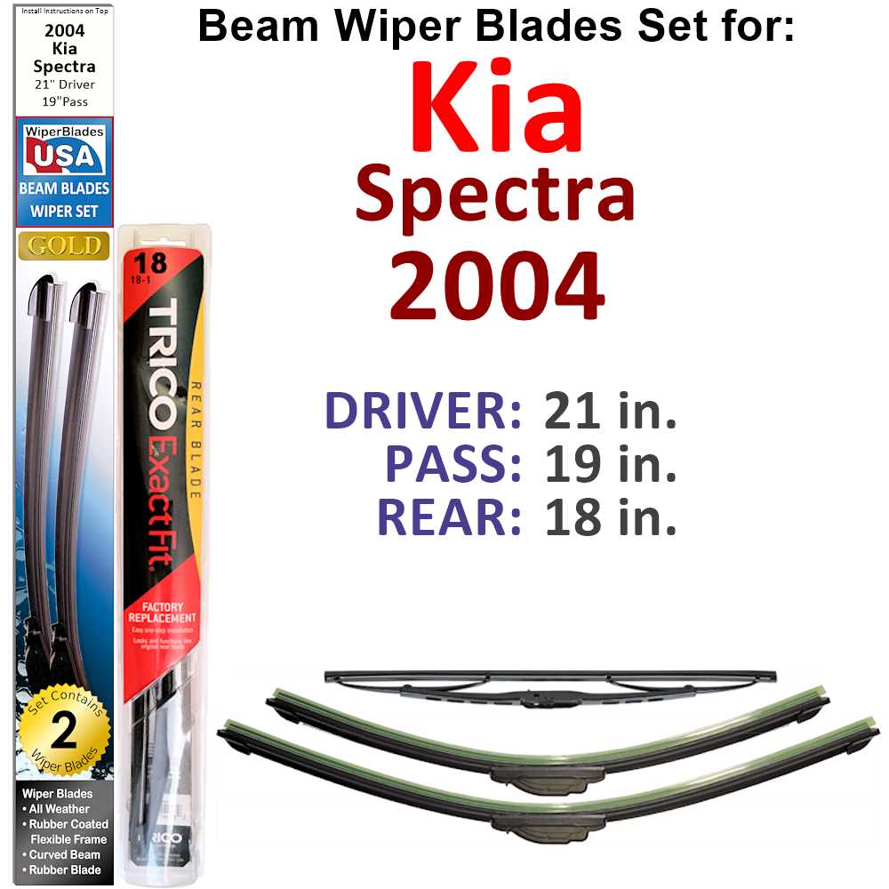 Set of 3 Beam Wiper Blades designed for 2004 Kia Spectra, showcasing their flexible and durable construction.