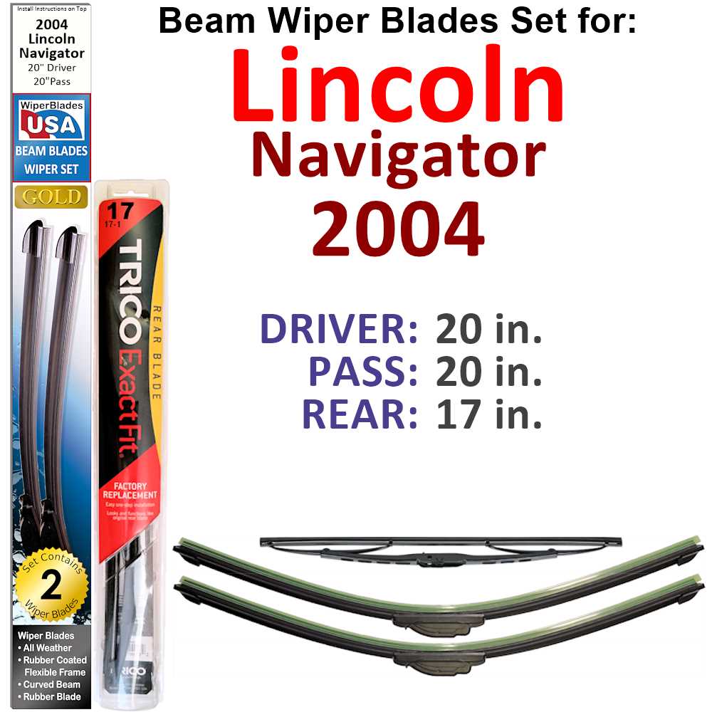 Set of 3 Beam Wiper Blades designed for 2004 Lincoln Navigator, showcasing their flexible and durable construction.