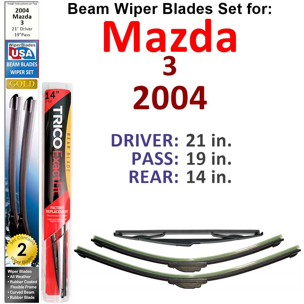 Set of 3 Beam Wiper Blades designed for 2004 Mazda 3, showcasing their flexible and durable construction.