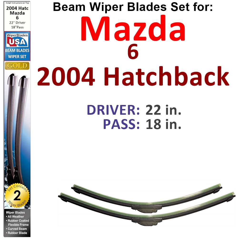 Set of two Beam Wiper Blades designed for 2004 Mazda 6 Hatchback, showcasing their low-profile and flexible design.