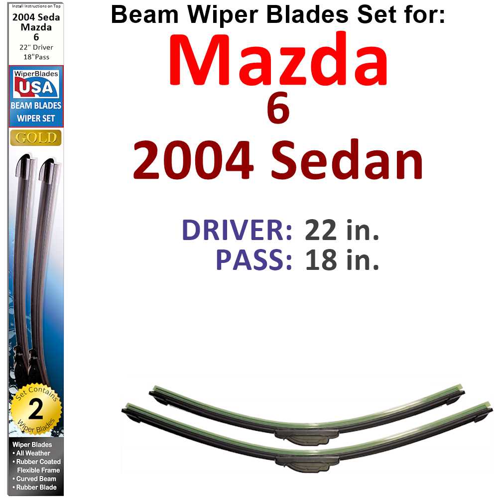 Set of two Beam Wiper Blades designed for 2004 Mazda 6 Sedan, showcasing their flexible and durable construction.