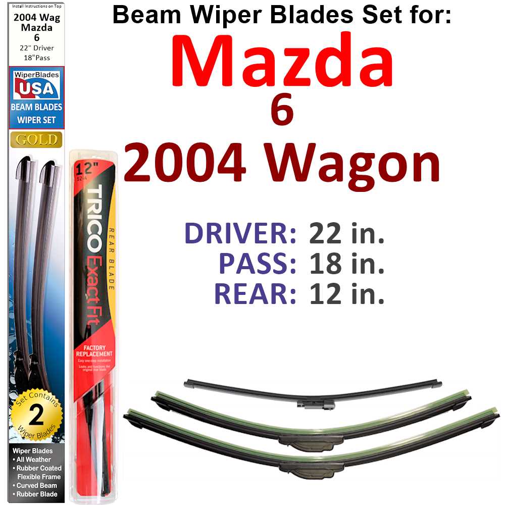 Set of 3 Beam Wiper Blades designed for 2004 Mazda 6 Wagon, showcasing their flexible and durable construction.