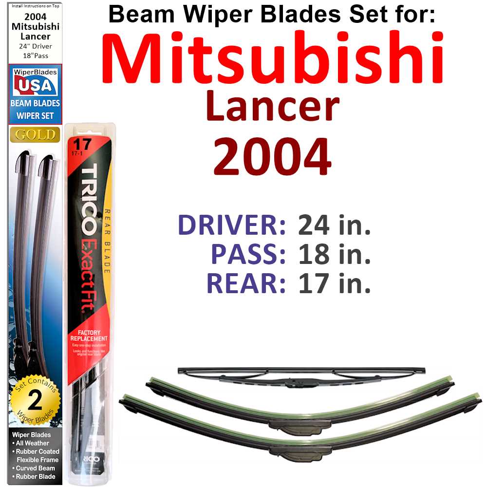 Set of 3 Beam Wiper Blades designed for 2004 Mitsubishi Lancer, showcasing their flexible and low-profile design.