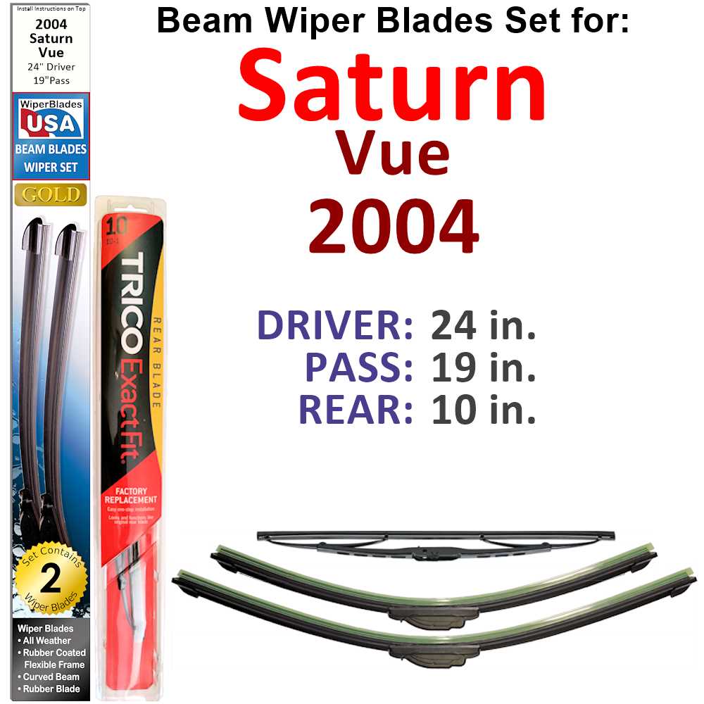 Set of 3 Beam Wiper Blades designed for 2004 Saturn Vue, showcasing their flexible and durable design.