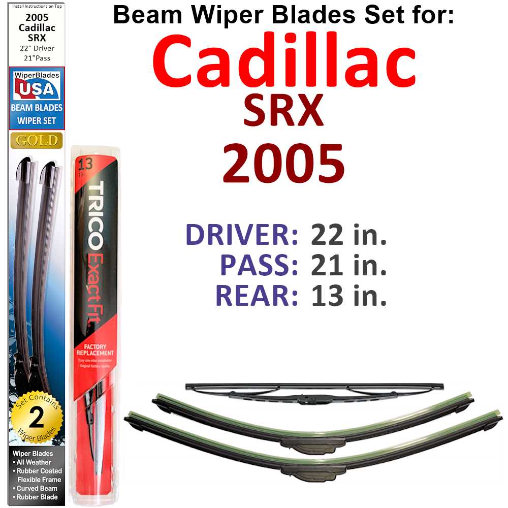 Set of 3 Beam Wiper Blades designed for 2005 Cadillac SRX, showcasing their flexible and durable construction.