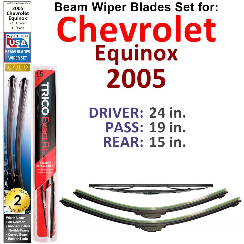 Set of 3 Beam Wiper Blades designed for 2005 Chevrolet Equinox, showcasing their flexible and durable construction.