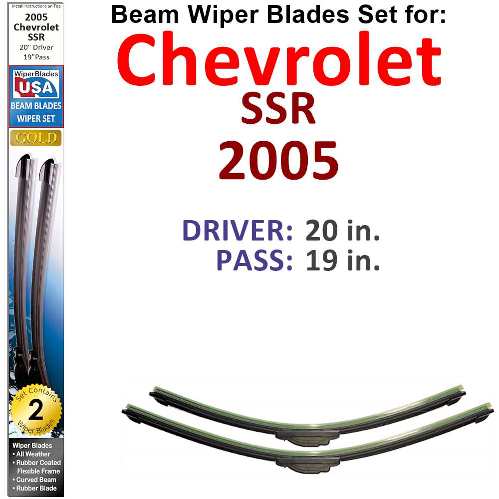 Set of 2 Beam Wiper Blades designed for 2005 Chevrolet SSR, showcasing their flexible and durable construction.