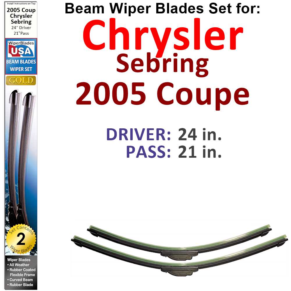 Set of two Beam Wiper Blades designed for 2005 Chrysler Sebring Coupe, showcasing their flexible and durable construction.