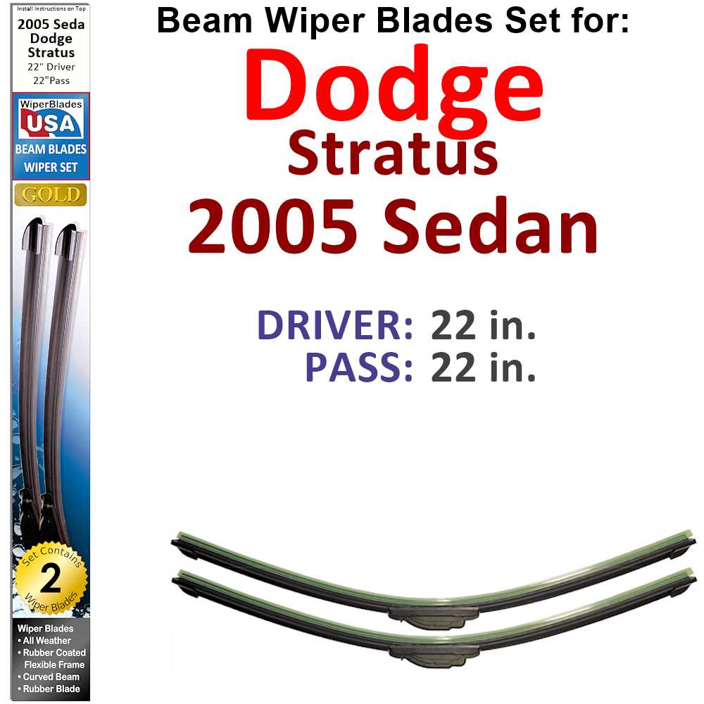 Set of 2 Beam Wiper Blades designed for 2005 Dodge Stratus Sedan, showcasing their flexible and durable construction.