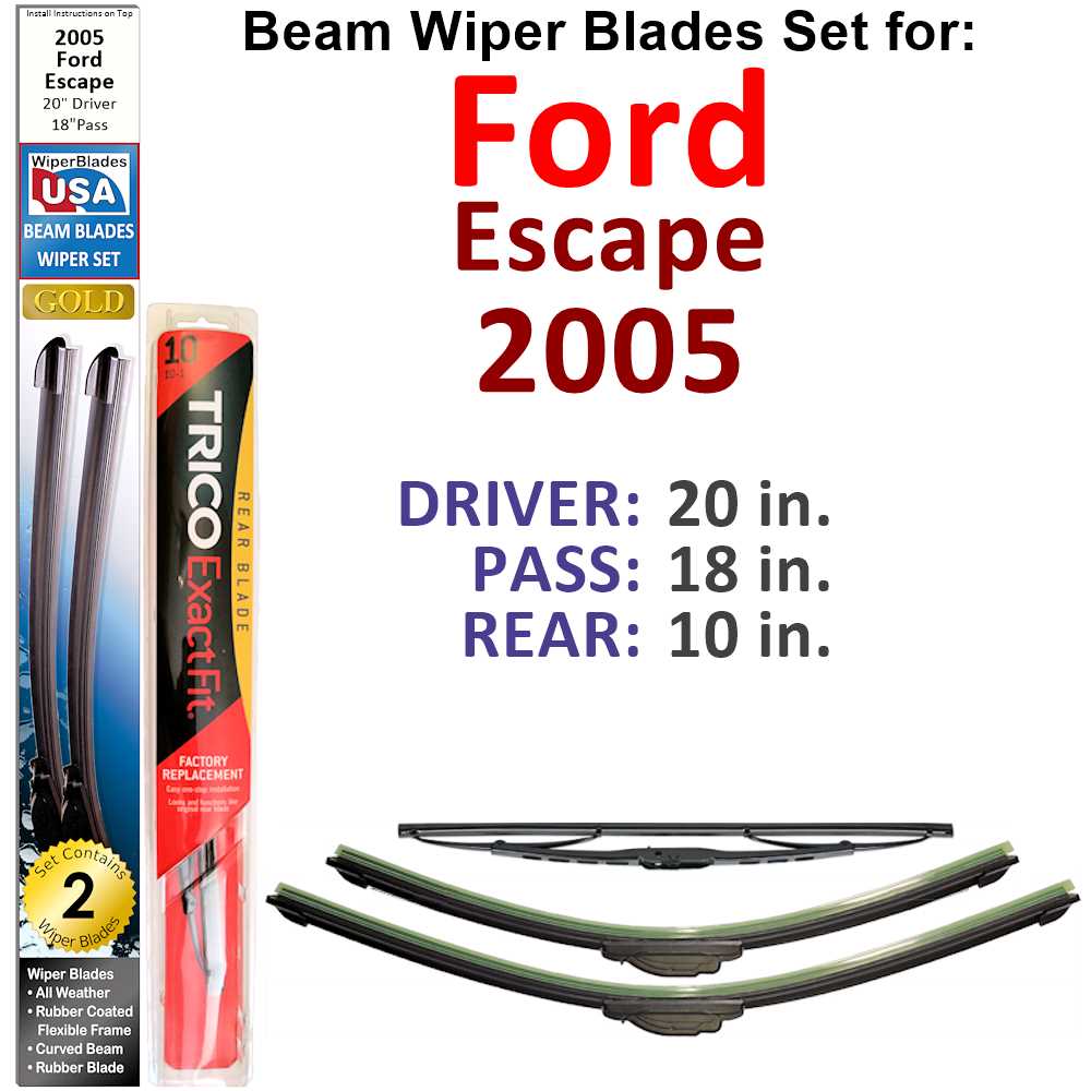 Set of 3 Beam Wiper Blades for 2005 Ford Escape, showcasing their flexible design and durable construction.