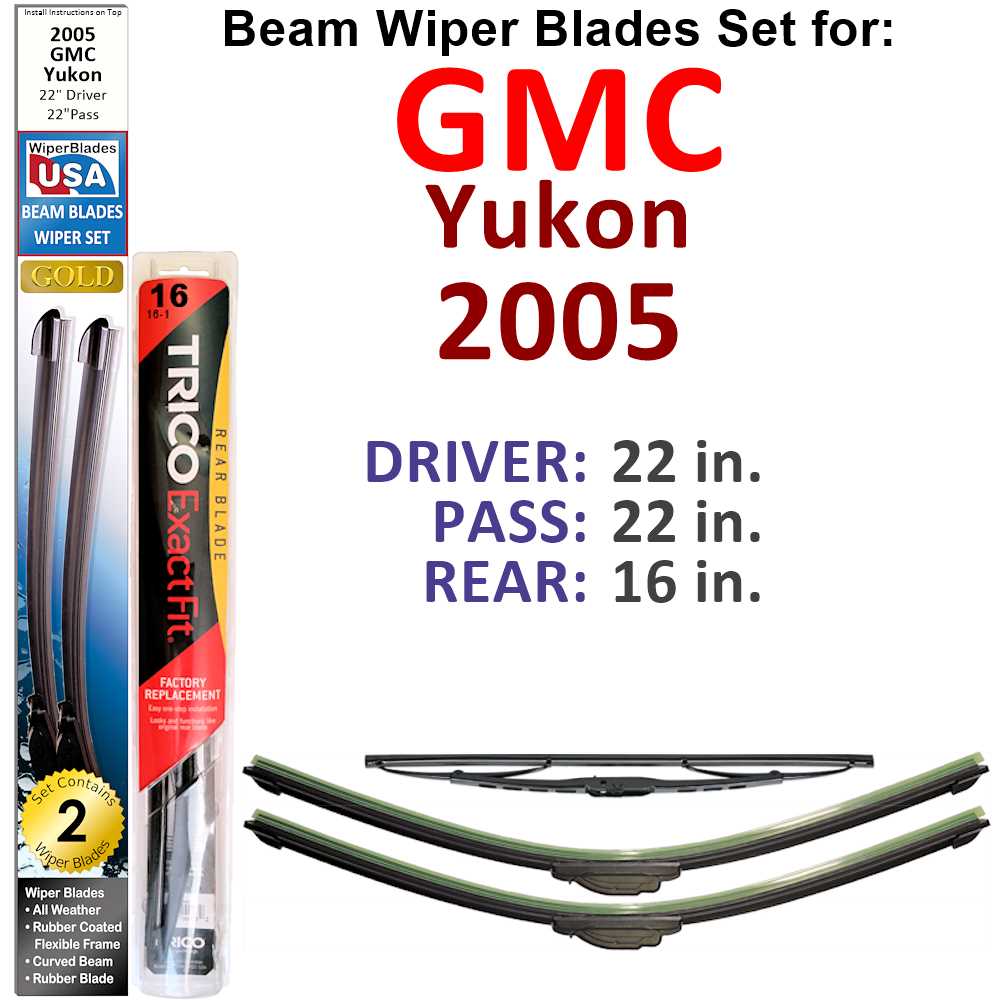 Set of 3 Beam Wiper Blades designed for 2005 GMC Yukon, showcasing their flexible beam design and all-weather capabilities.