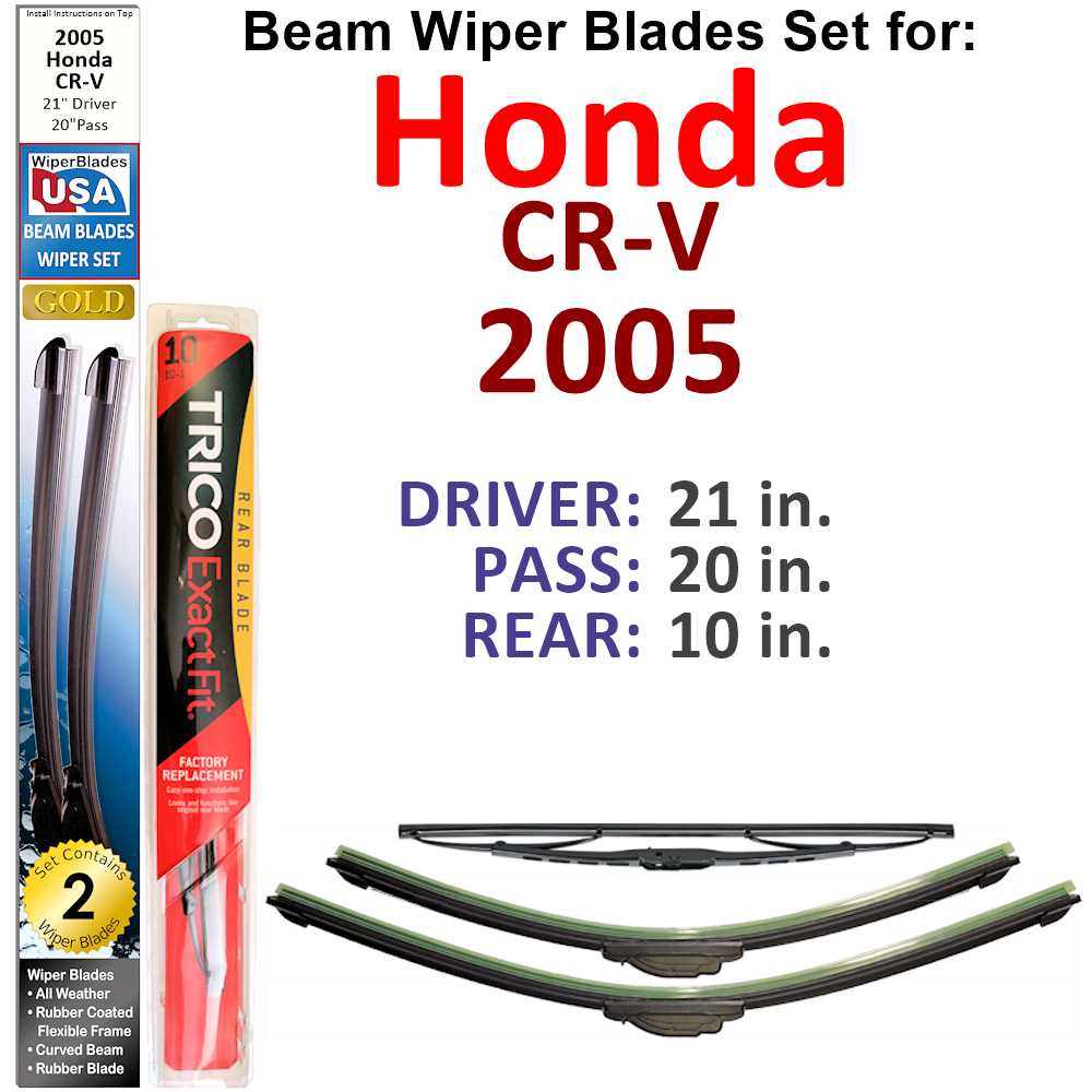 Set of 3 Beam Wiper Blades designed for 2005 Honda CR-V, showcasing their flexible and durable construction.