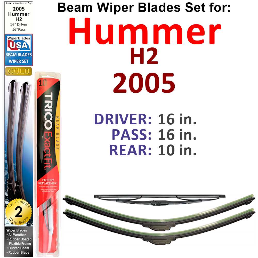 Set of 3 Beam Wiper Blades designed for 2005 Hummer H2, showcasing their flexible and durable construction.