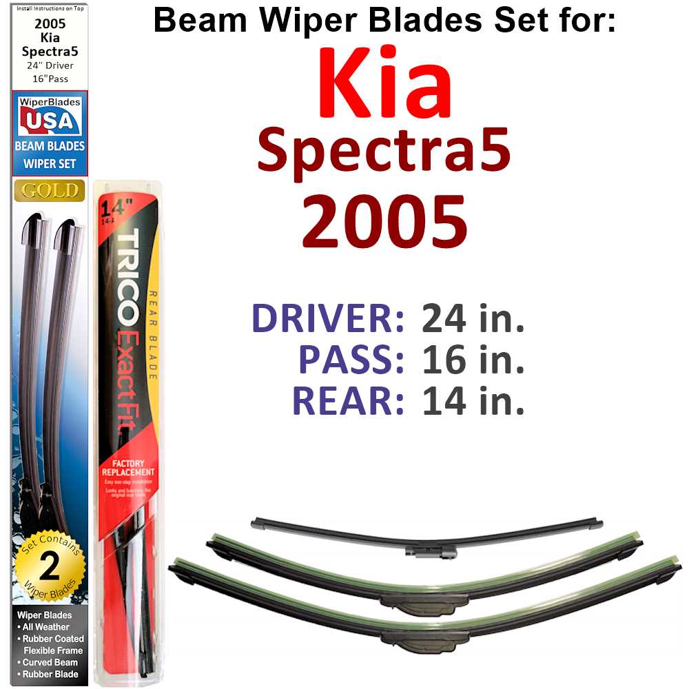 Set of 3 Beam Wiper Blades for 2005 Kia Spectra5, showcasing their flexible design and durable construction.