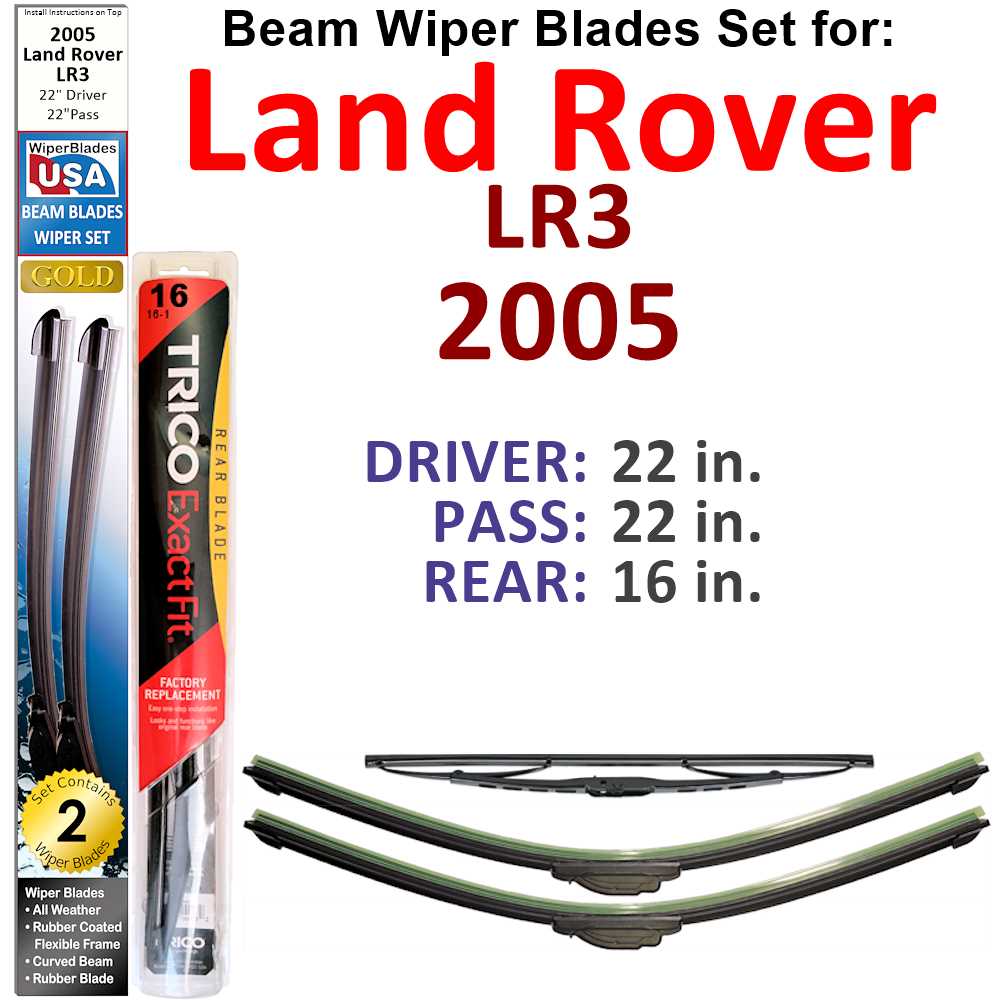 Set of 3 Beam Wiper Blades designed for 2005 Land Rover LR3, showcasing their flexible and sealed construction for optimal performance.