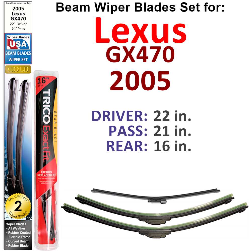 Set of 3 Beam Wiper Blades designed for 2005 Lexus GX470, showcasing their flexible and durable construction.