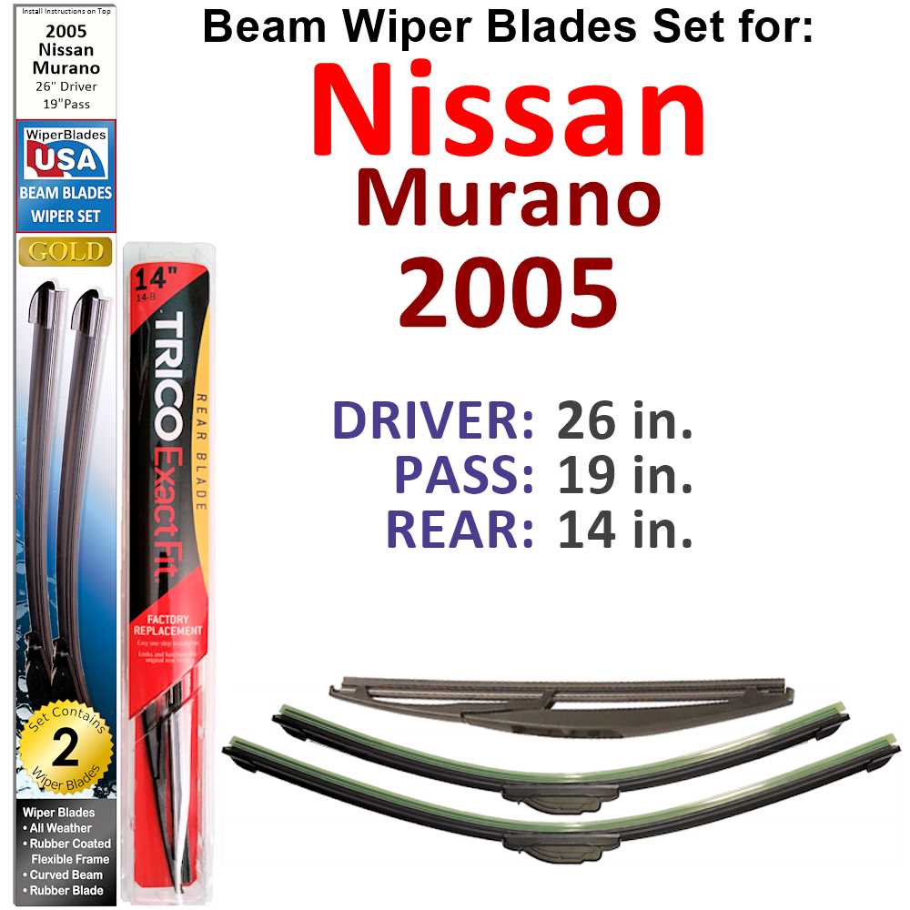 Set of 3 Beam Wiper Blades for 2005 Nissan Murano, showcasing their flexible design and durable rubber construction.