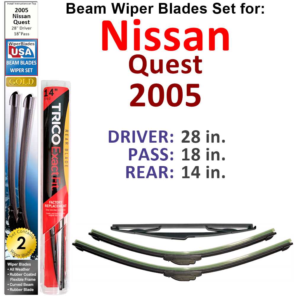 Set of 3 Beam Wiper Blades designed for 2005 Nissan Quest, showcasing their low-profile and flexible design.