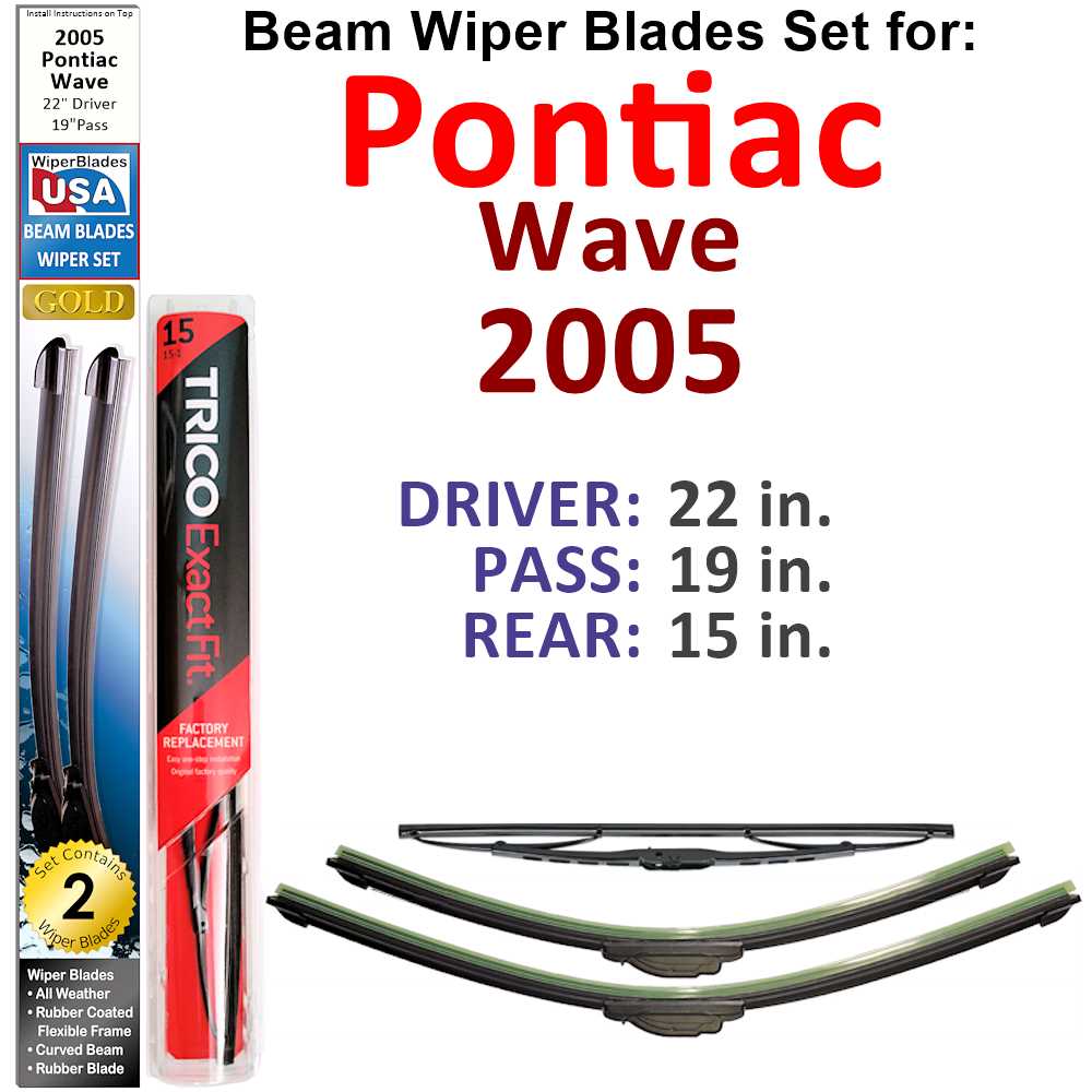 Set of 3 Beam Wiper Blades designed for 2005 Pontiac Wave, showcasing their flexible and durable construction.