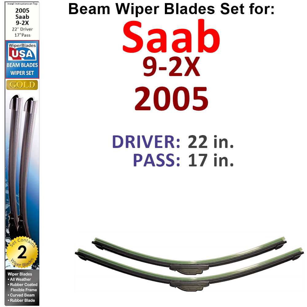 Set of two Beam Wiper Blades designed for 2005 Saab 9-2X, showcasing their sleek and modern design.